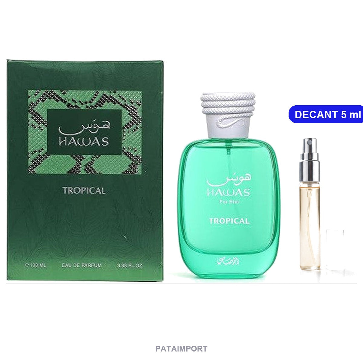Decant de Rasasi Hawas Tropical EDP — vial de 5 ml junto al frasco original | PATAIMPORT