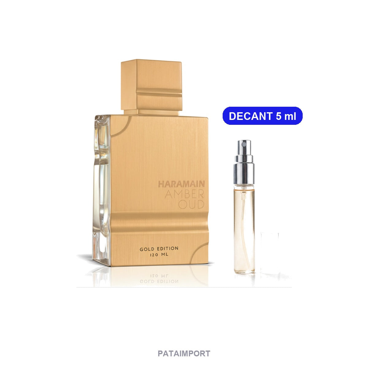 Decant de Al Haramain Amber Oud Gold Edition — vial de 5 ml junto al frasco original | PATAIMPORT