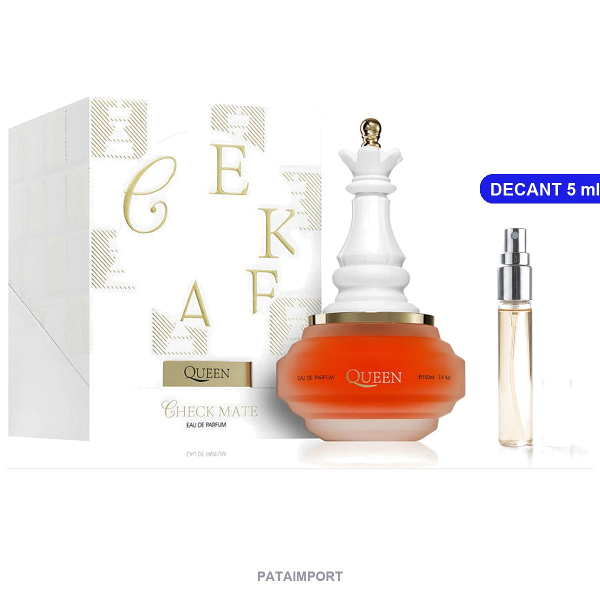 Decant de Armaf Check Mate Queen — vial de 5 ml junto al frasco original | PATAIMPORT