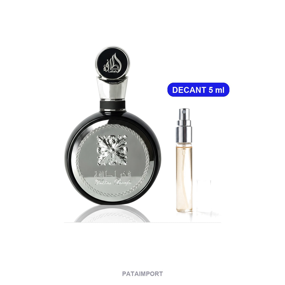 Decant de Lattafa Fakhar Black — vial de 5 ml junto al frasco original | PATAIMPORT