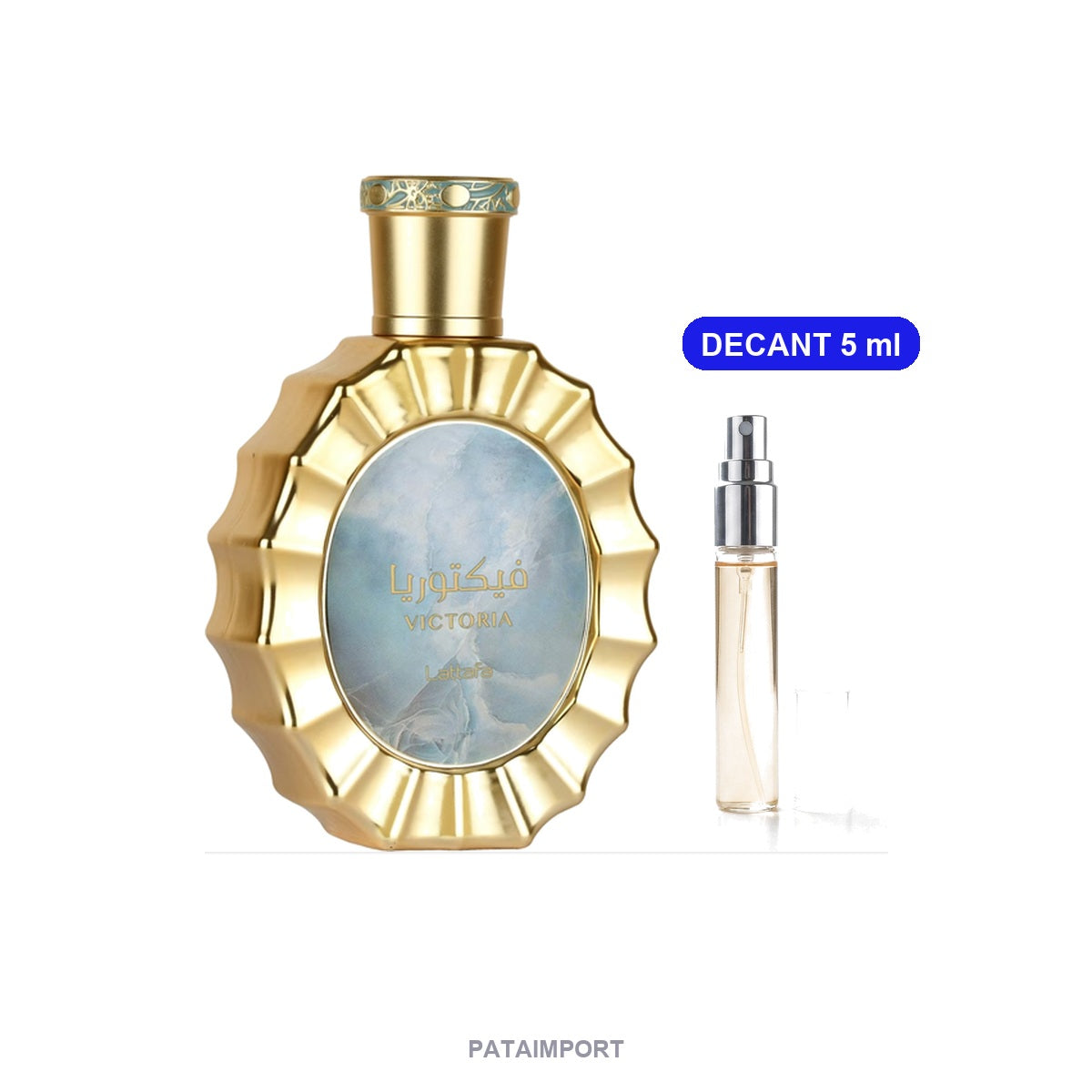 Decant de Lattafa Victoria — vial de 5 ml junto al frasco original | PATAIMPORT