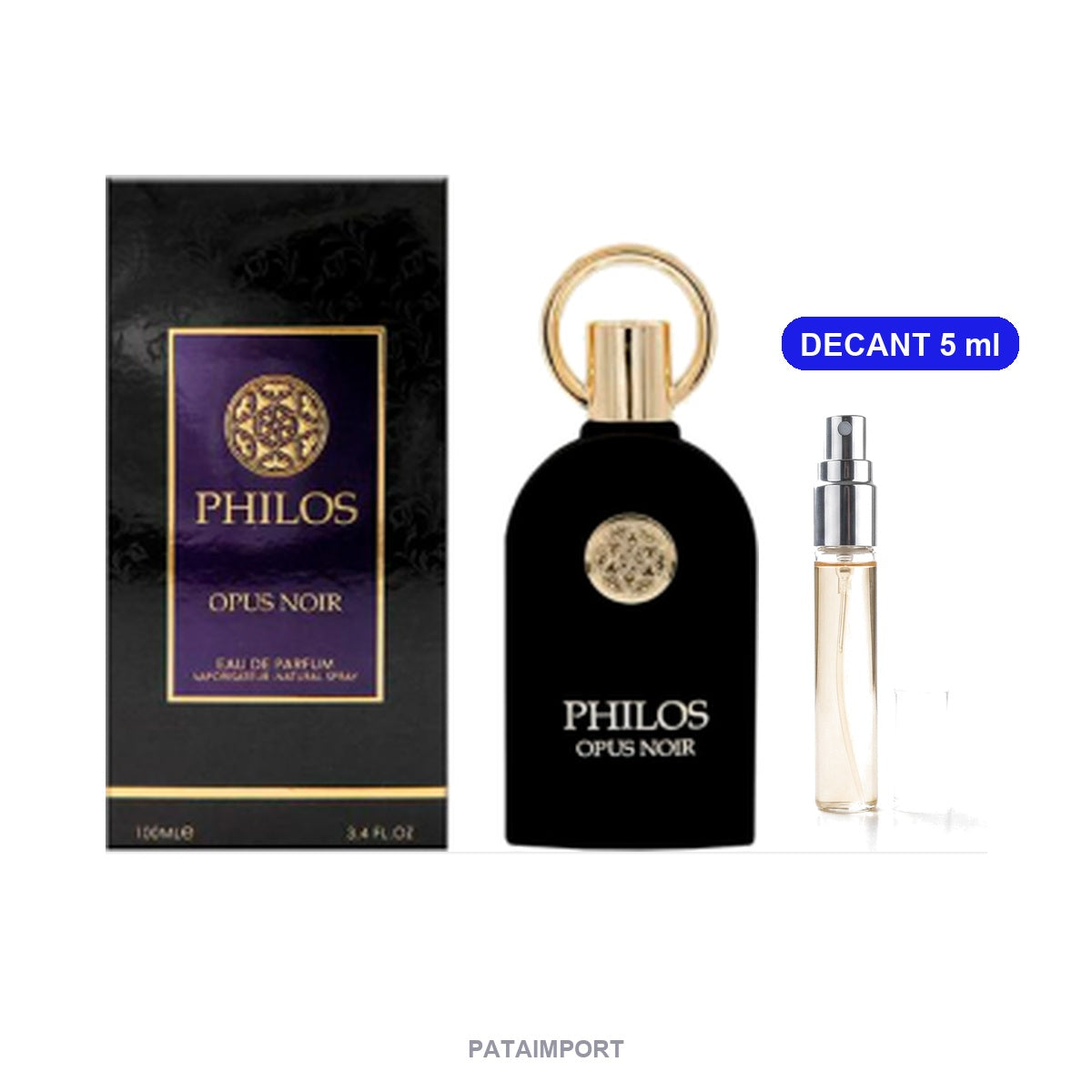 Decant de Maison Alhambra Philos Opus Noir — vial de 5 ml junto al frasco original | PATAIMPORT