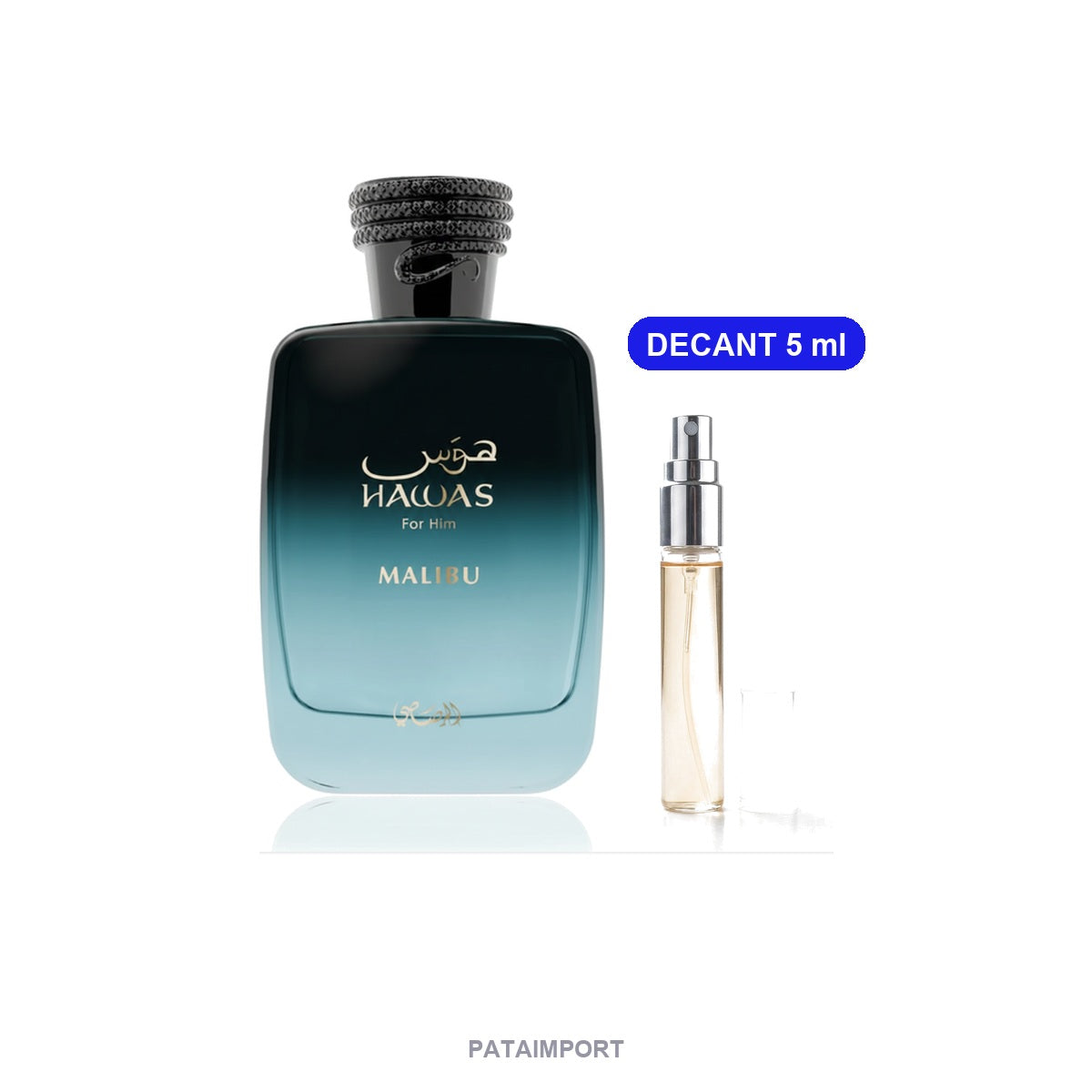 Decant de Rasasi Hawas Malibu — vial de 5 ml junto al frasco original | PATAIMPORT